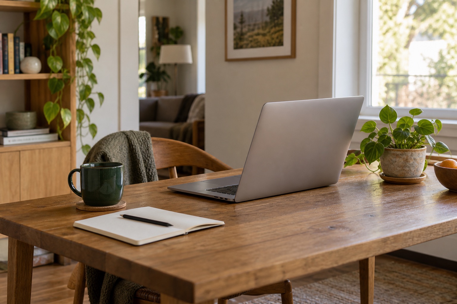 An oak desk with a laptop, notebook, and green coffee cup in natural window light